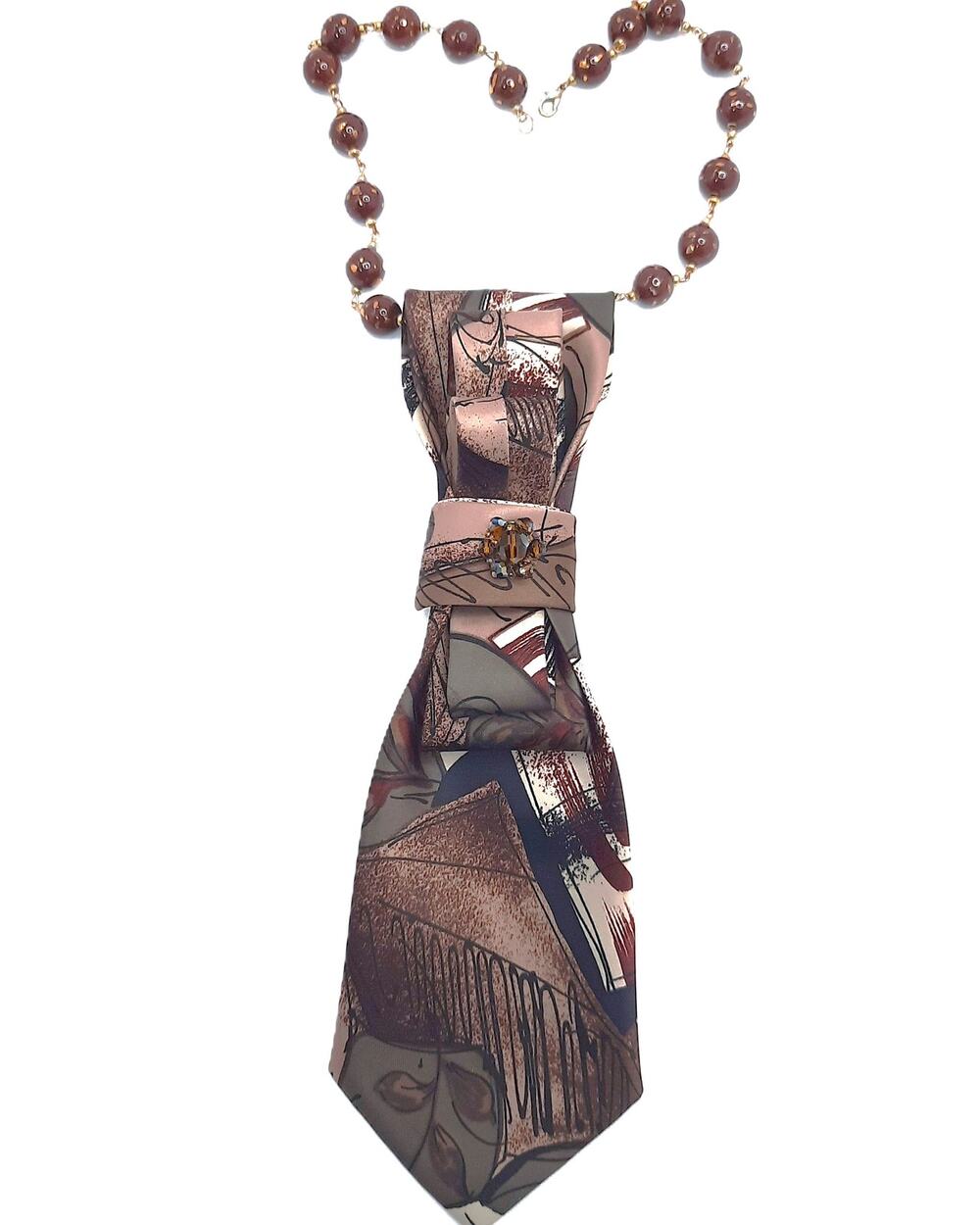 Handmade Vintage Silk Tie Pendant Lucite Beaded Boho Chic Necklace Jewel Accent